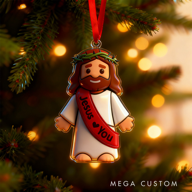 Personalized Cute Jesus Acrylic Ornament with Sash Jesus Love You Custom Nam Holiday Tree Decor Religious Gift for Kids Christian Gift for Christmas