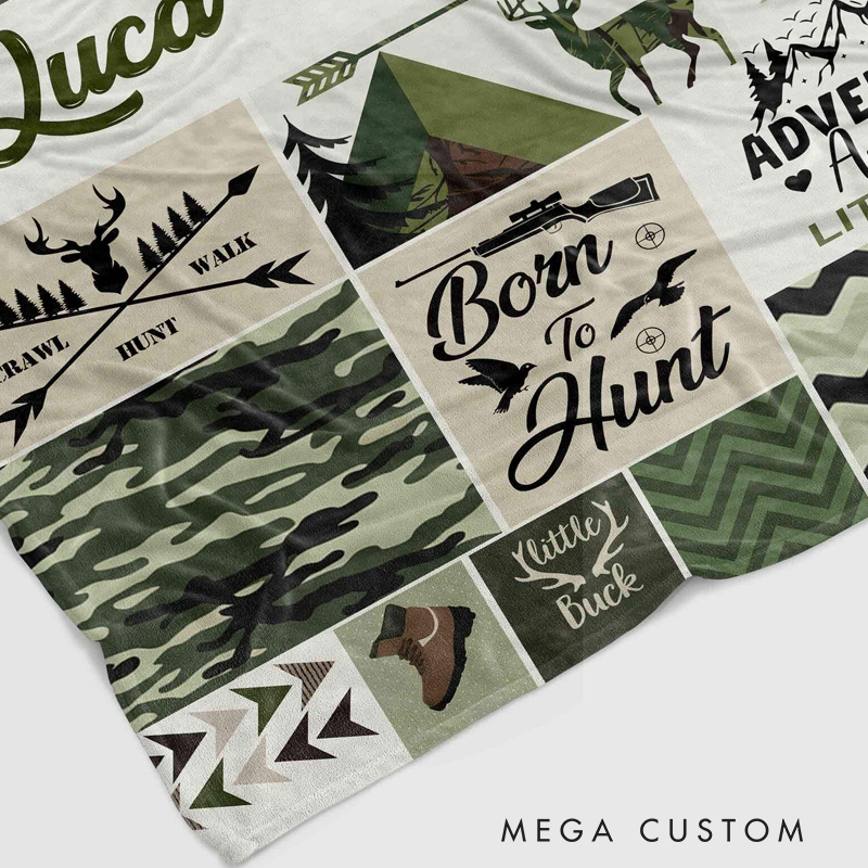 Personalized Hunting Blanket Hunting Kid Blanket Green Camo Woodland Themed Blanket Deer Hunter Blanket For Outdoor Hunting Lover