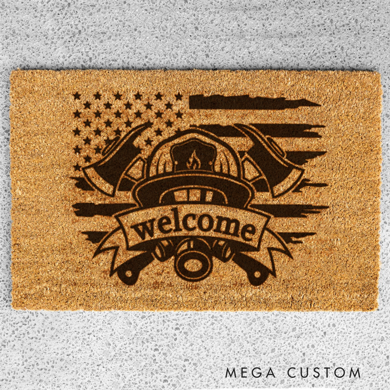 Personalized Firefighter Themed Doormat with Welcome Banner and Firefighter Helmet Design Durable and Stylish Gift for Firefighter Homes