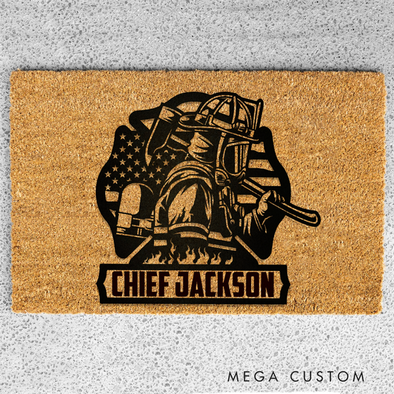 Personalized Firefighter Themed Doormat with Bold Firefighter Illustration Durable and Meaningful Gift for Firefighter 