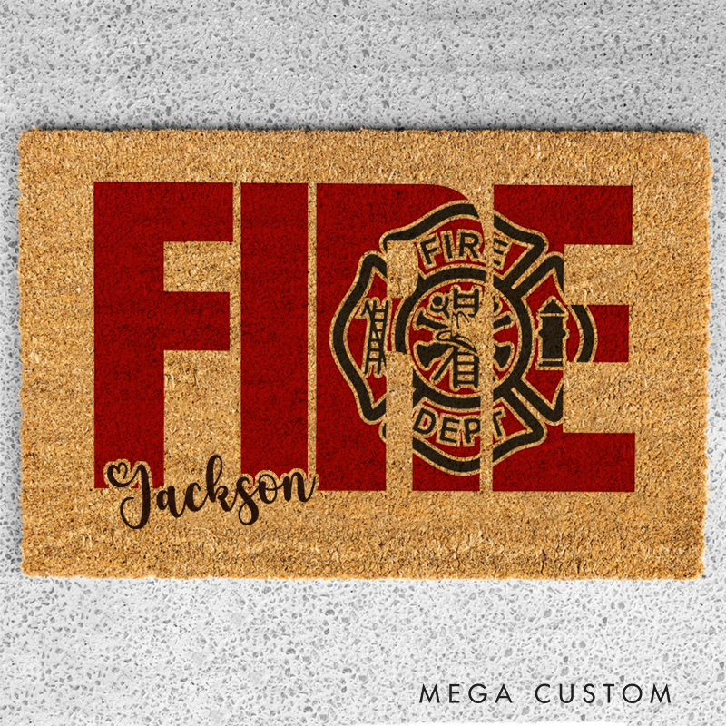 Personalized Firefighter Themed Doormat with FIRE Design and Firefighter Emblem Thoughtful Gift for Firefighter Families