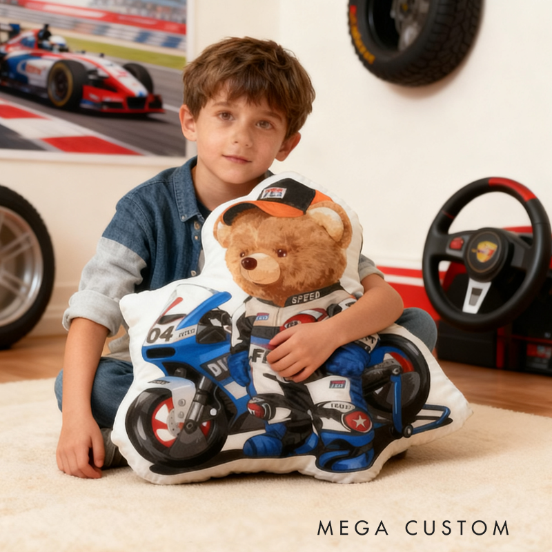 Personalized Decorative Pillow Rally Driver Teddy with Race Car Background Christmas Gifts