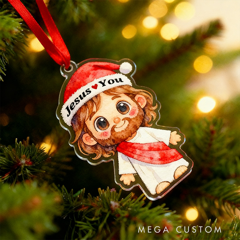 Personalized Cute Jesus Acrylic Ornament with Jesus Love You Custom Text Holiday Tree Decor Religious Gift for Kids Christian Gift for Christmas