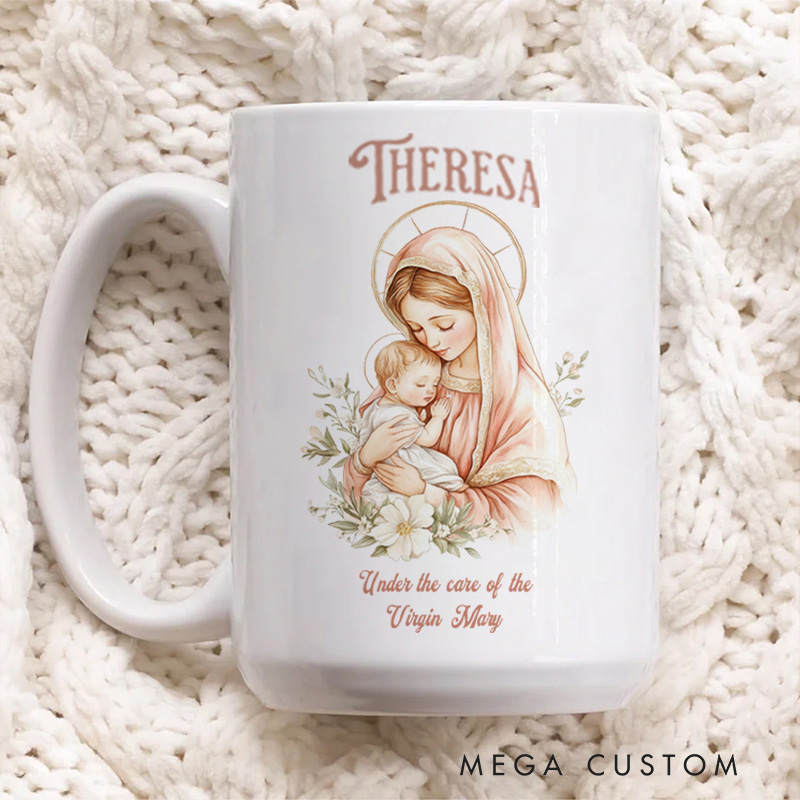 Personalized under the Care of Virgin Mary Ceramic Mug with Name Religious Gift Catholic Gift for Women Girls