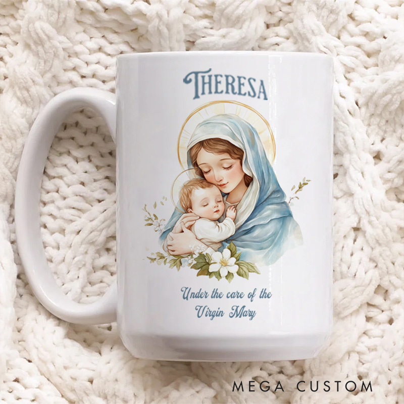 Personalized under the Care of Virgin Mary Ceramic Mug with Name Religious Gift Catholic Gift for Women Girls