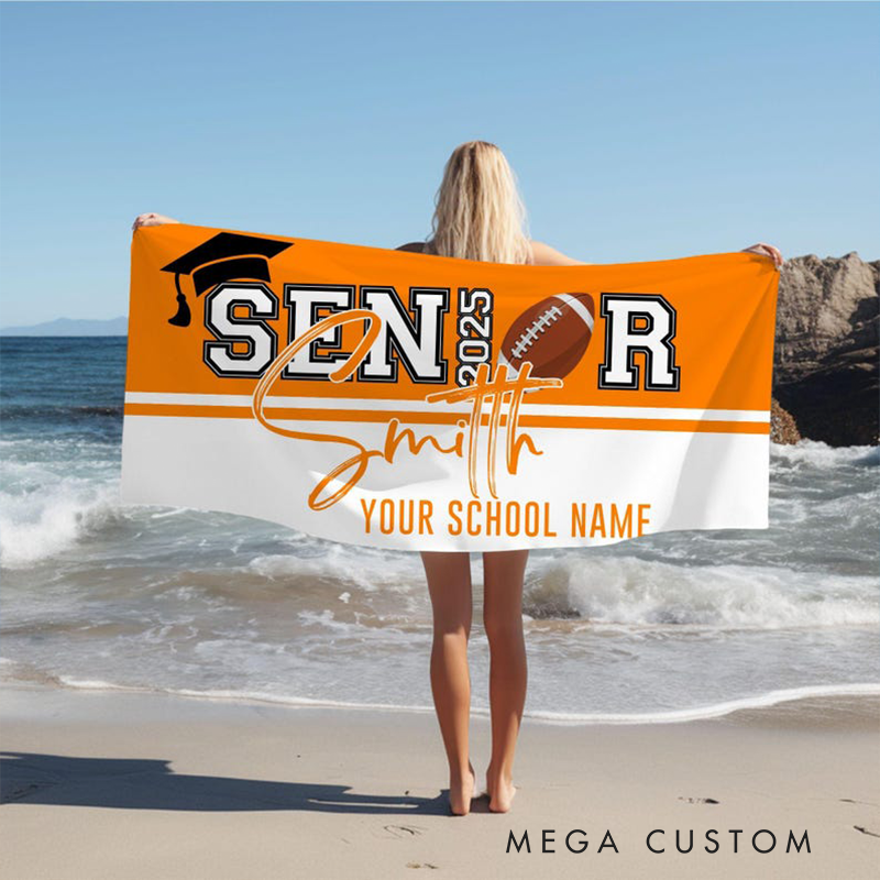 Personalized Senior 2025 Sports Beach Towel with Custom Name School Name Graduation Cap Design and Choice of Sports Ball