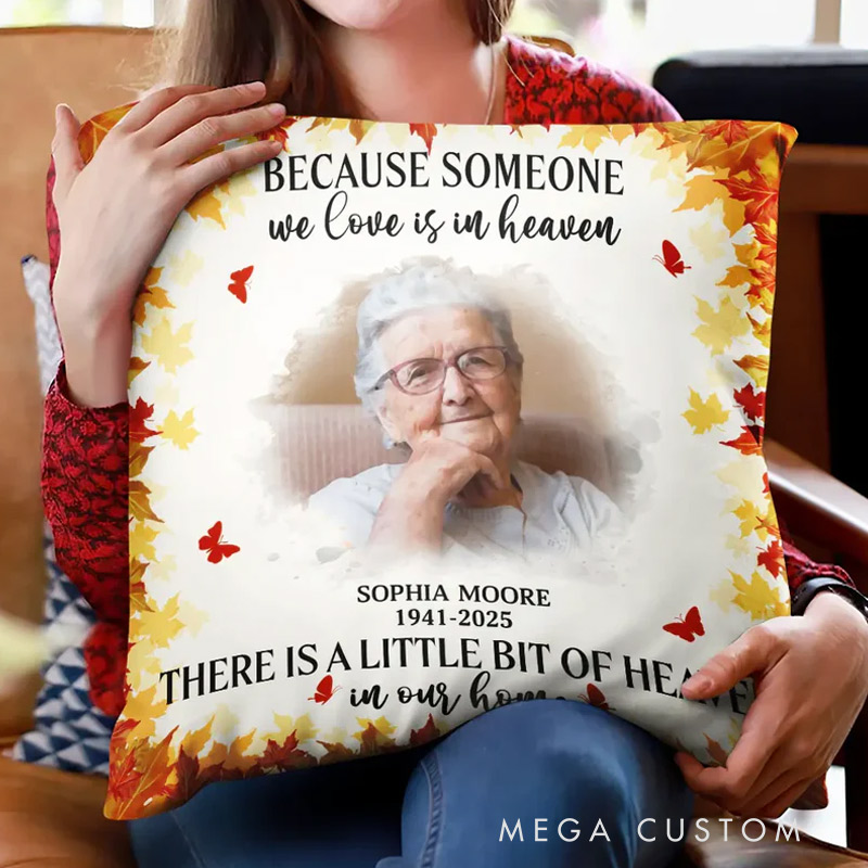 Personalized Memorial Throw Pillow Custom Photo Watercolor A Little Bit Of Heaven In Our Home Sympathy Gift for Family