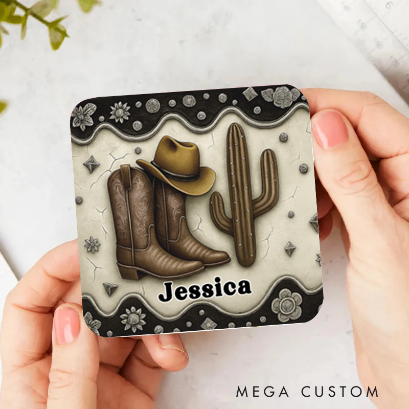Personalized Name Cowboy Accent Coaster Custom Cowboy Boots Gift for Music Lover