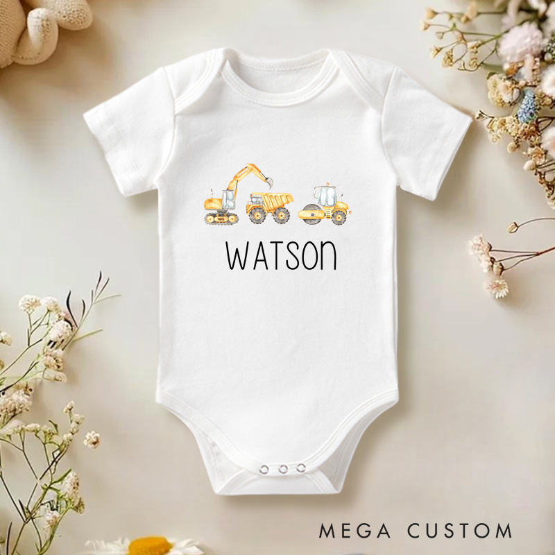 Personalized Construction Vehicle Themed Design for Kids and Families Baby Onesie