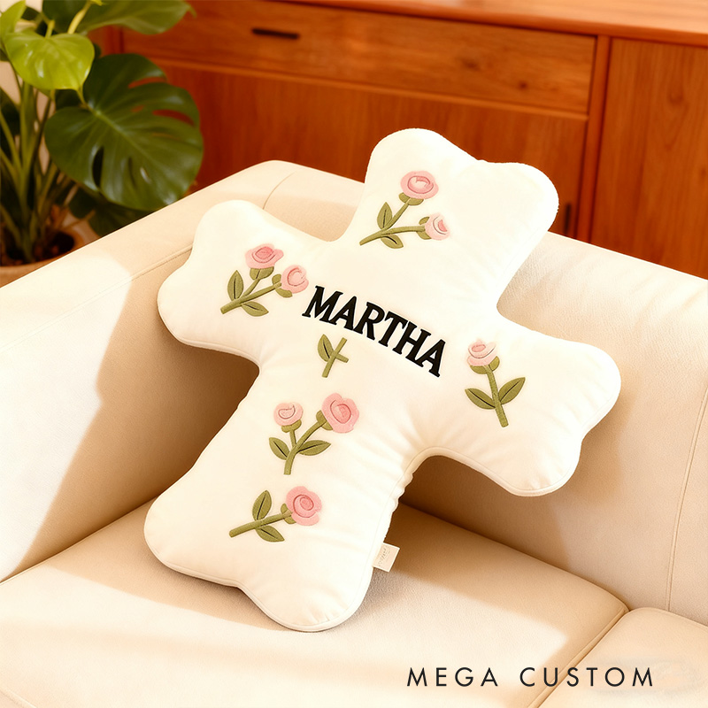 Personalized Roses Cross Pillow with Custom Name Home Decor Christian Flower Cross Pillow Religious Baptism Gift for Her Prayer Corner Faith Gift