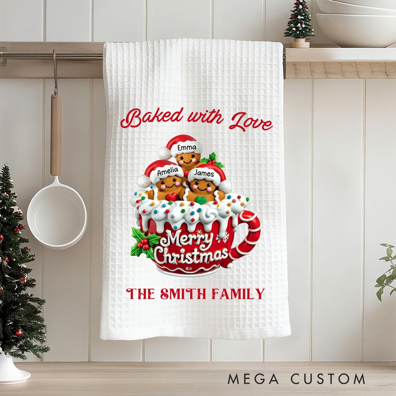 Personalized Gingerbread Men Cocoa Mug Waffle Kitchen Towel with Name and Surname Christmas Gift for Family Friends
