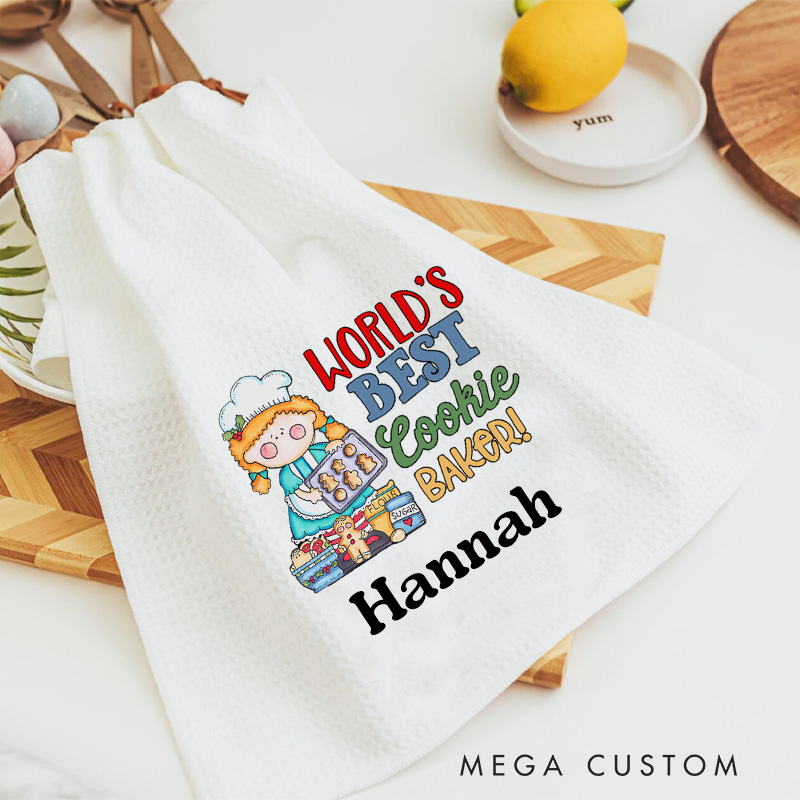 Personalized World's Best Cookie Baker Waffle Kitchen Towel with Name Baking Lover Christmas Gift for Baker Family Friends