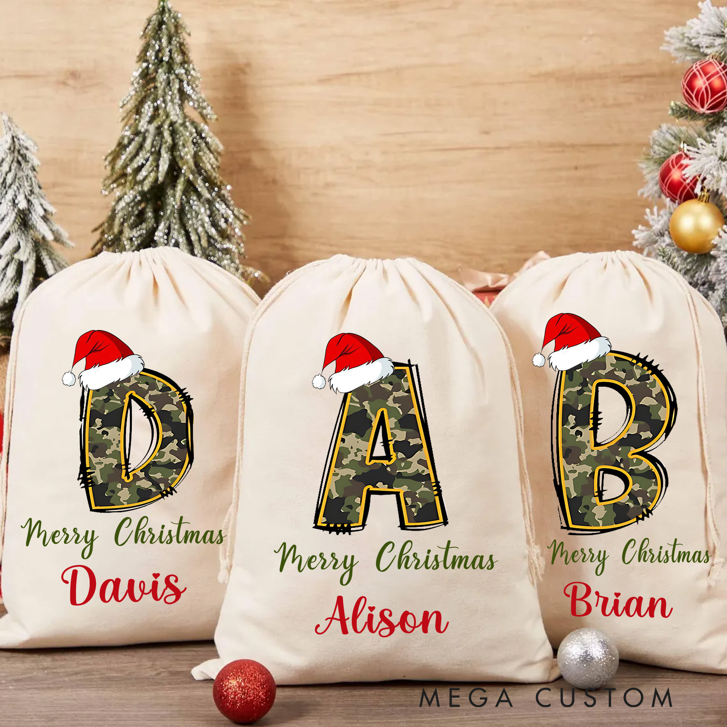 Personalised Hunting Doodle Alphabet Merry Christmas Sack Camo Green Custom Hunting Lover Christmas Gift for Kid