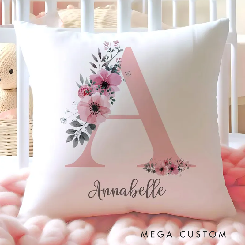 Personalised Initial Cushion Rose Gold Custom Gift Girls Bedroom Gift Watercolour Flowers Baby Gift Initial Gift for Her Custom Made