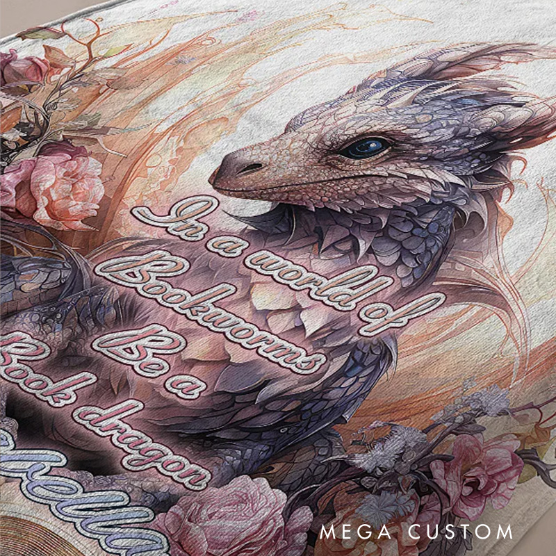 Floral Book Dragon Soft Throw Blanket with Name Birthday Gift for Bookworm Readers Dragon Lovers Fantasy Book Lovers Gift