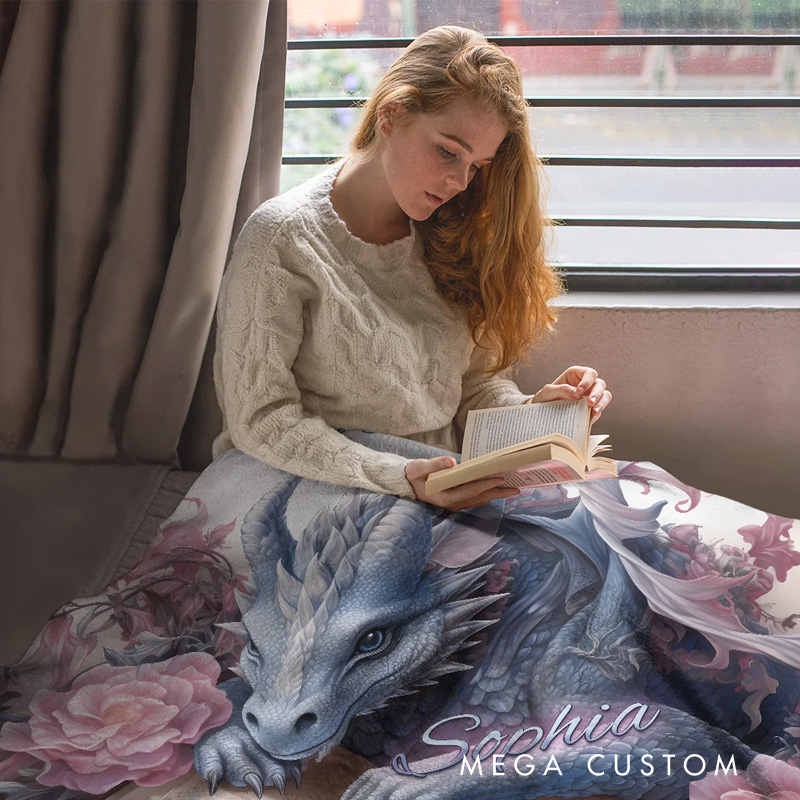 Personalized Book Dragon Soft Throw Blanket Floral Book Dragon Blanket with Name Home Decoration Birthday Gift for Bookworm Dragon Lovers Fantasy Book Lovers Gift