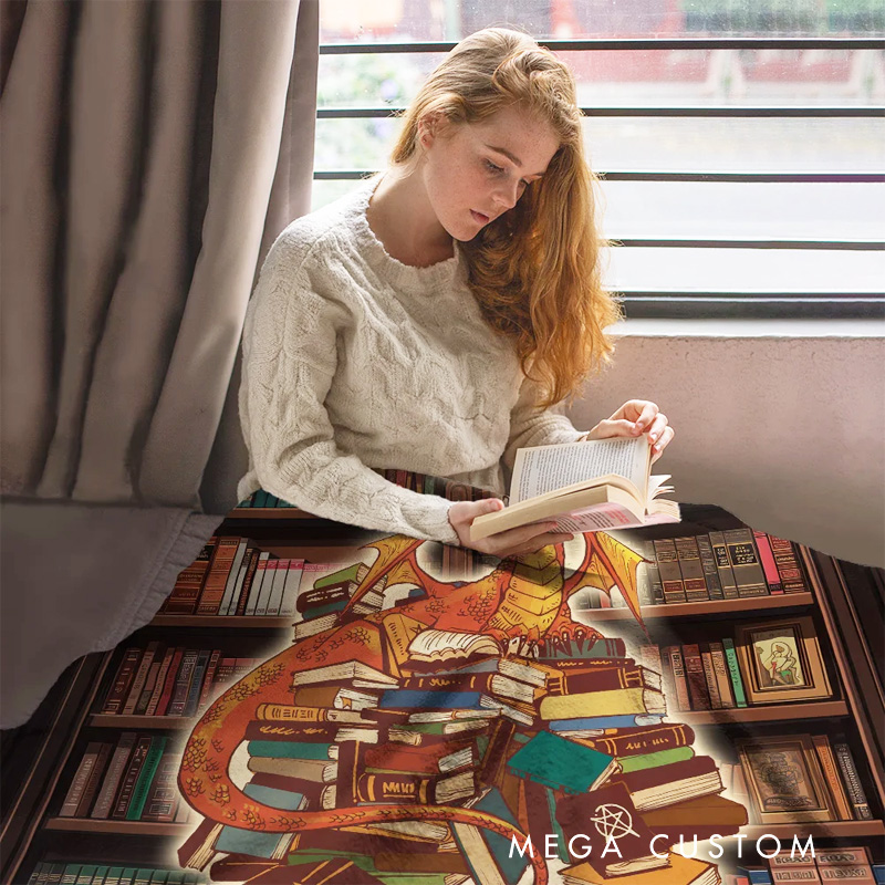 Personalized Cartoon Book Dragon Soft Throw Blanket Retro Book Dragon Blanket with Name Bookworm Birthday Gift for Dragon Lovers Fantasy Book Lovers Gift
