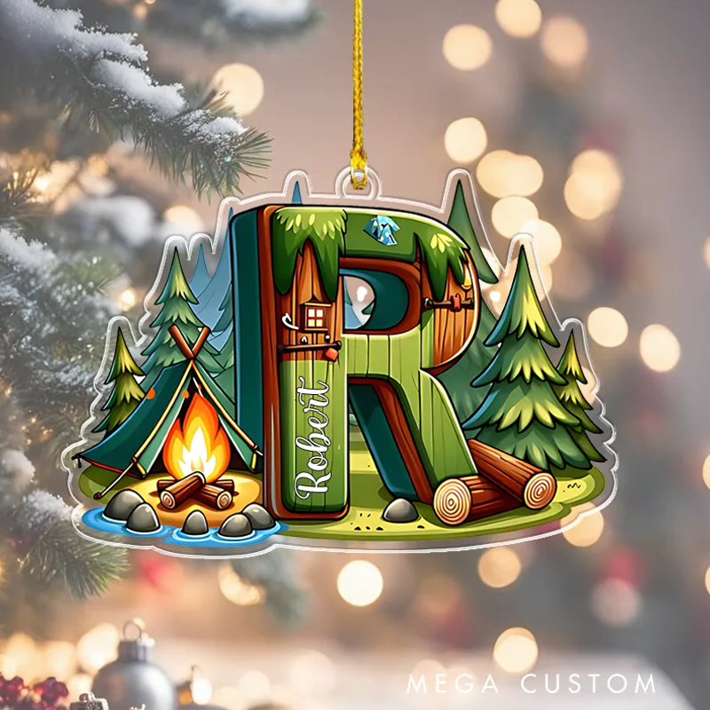 Personalized Camp Forest Outdoor Name Letters Christmas Ornament Camping Lover Gift Christmas Tree Christmas Gift for Kid