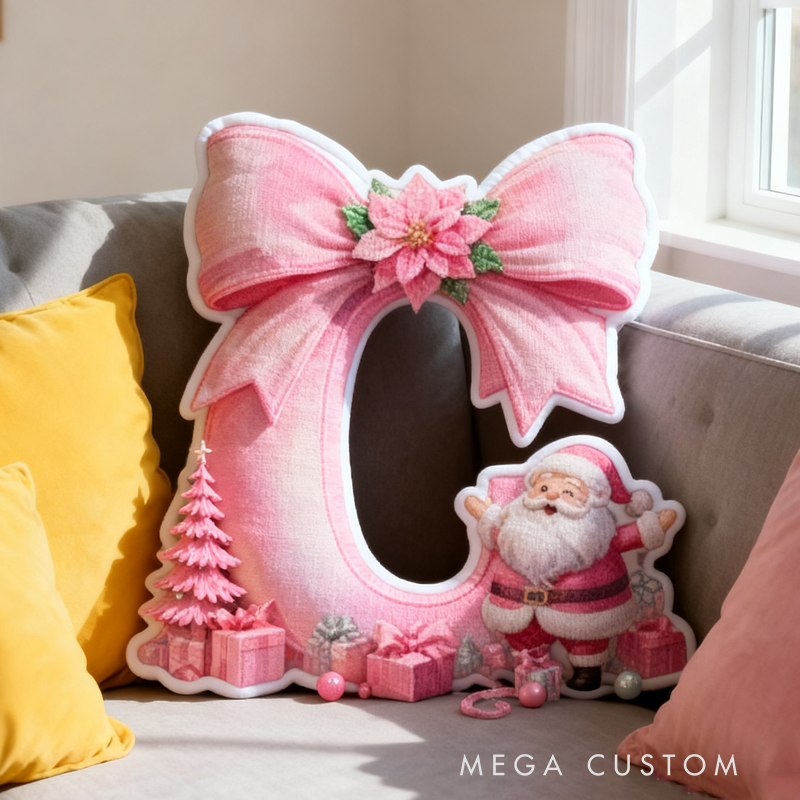 Personalized Cute Pink Santa Claus Initial Pillow Christmas Gift for Kids