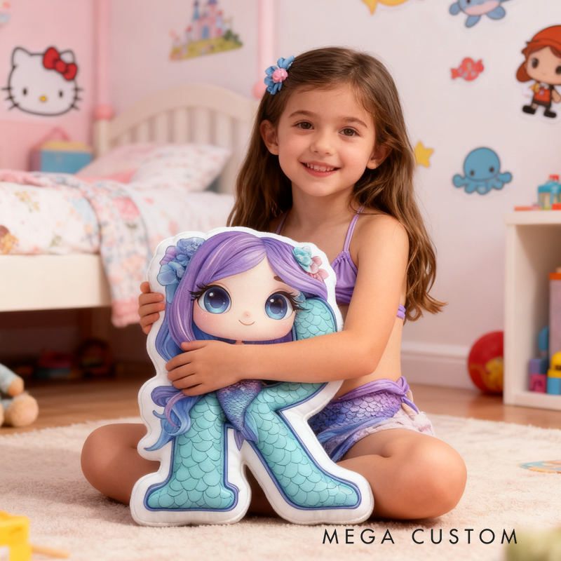 Personalized Cute Mermaid Initial Pillow Christmas Gift for Kids
