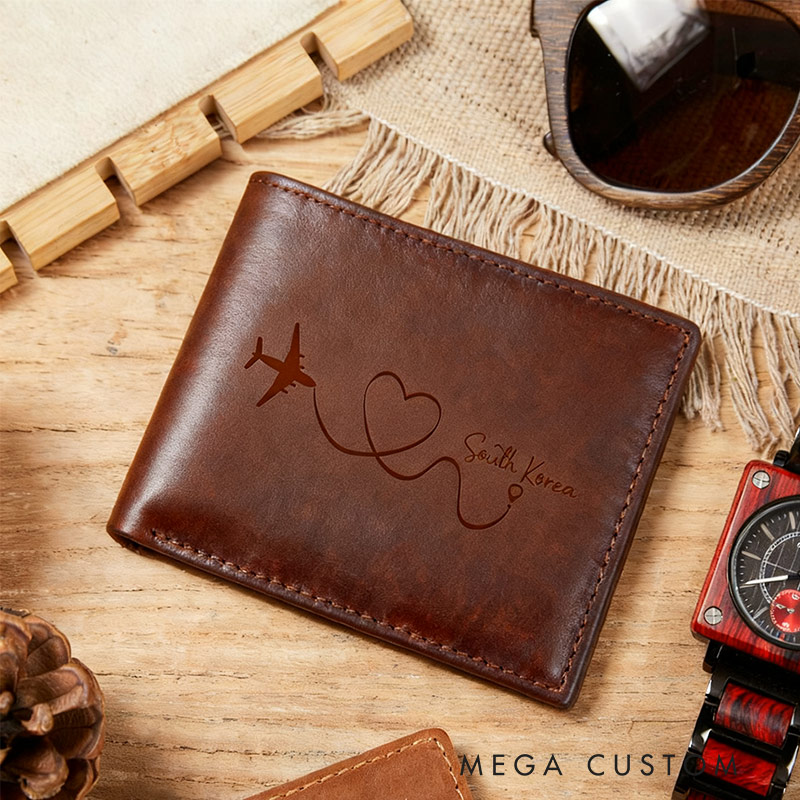 Personalized Crazy Horse Leather Wallet with Custom Travel Destination Engraving for traveling lovers