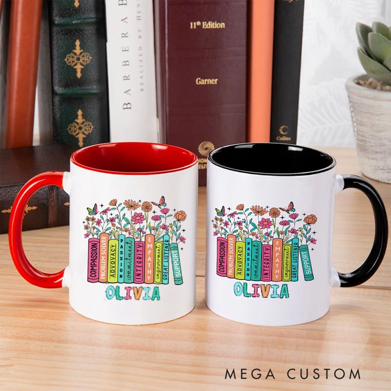 Personalized Floral Book Mug 11oz Ceramic Reading Accent Mug with Name for Bookworm Bookish Coffee Cup Book Lover Gift