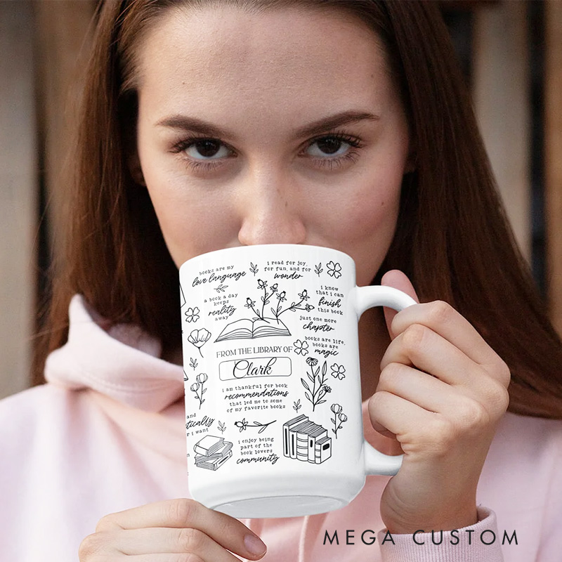 Personalized from the Library of Mug with Name Floral Book 11oz Ceramic Coffee Cup with Daily Affirmation Reading Accent Mug Gift for Family Friend Reading Lover