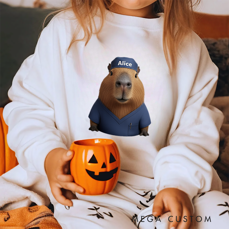 Personalized Kids Sweatshirt and Holiday Pullover with 3D Capybara Character Design Featuring Different Occupations for a Fun and Festive Winter Look