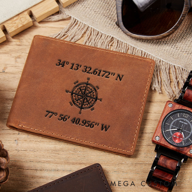 Personalized coordinates Crazy Horse Leather Wallet for traveling lovers
