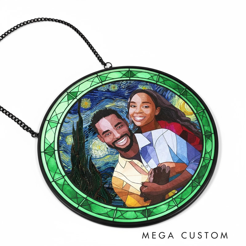 Personalized Starry Night Custom Photo Portrait Couple Family Window Hanging with Name Suncatcher for Art Lover Gift