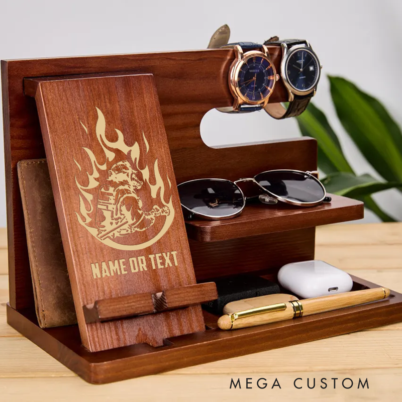 Personalized Firefighter Themed Wooden Desk Phone Stand Gift for Firefighters