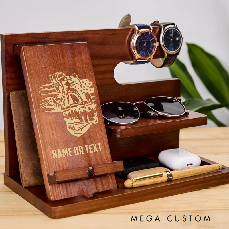 Personalized Firefighter Themed Wooden Desk Organizer with Engraved Design Gift for Firefighters