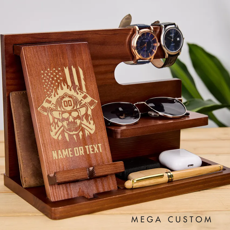 Personalized Firefighter Themed Wooden Desk Organizer with Skull and Flag Design Gift for Firefighters