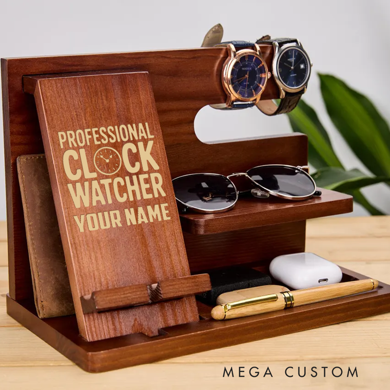 Personalized Wooden Desk Organizer with Professional Clock Watcher Design Gift for Office Workers