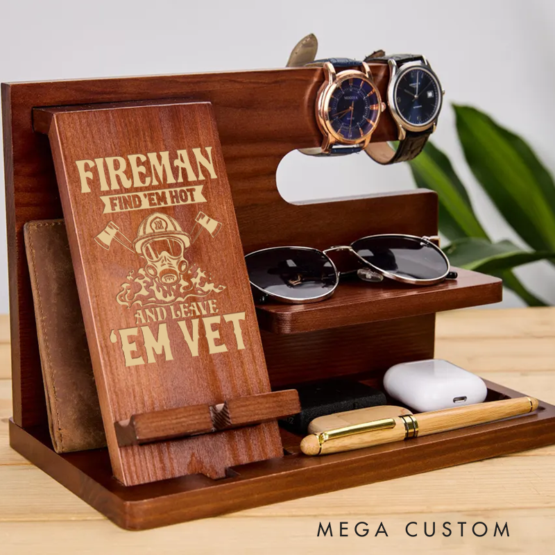 Personalized Firefighter Themed Wooden Desk Organizer with Humorous Fireman Design Gift for Firefighters