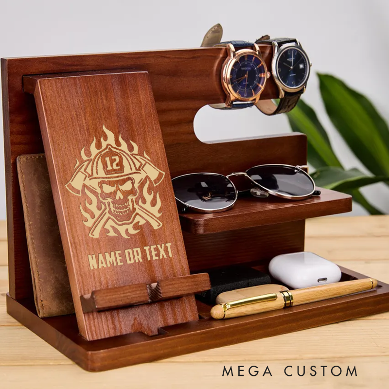Personalized Firefighter Themed Wooden Desk Organizer with Skull and Axe Design Gift for Firefighters