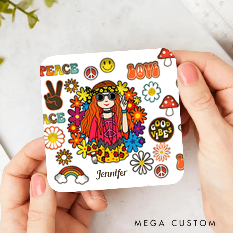 Personalized Name Hippie Accent Coaster Hippie Girl Hippie Soul Peace Love Coaster for Music Lover Gift