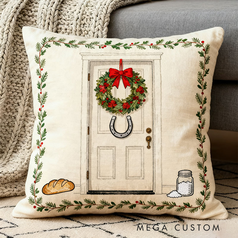 Personalized Holiday Door Pillow Festive Wreath and Horseshoe Design Decorative Cushion Cozy Christmas Home Decor Soft Throw Pillow for Living Room