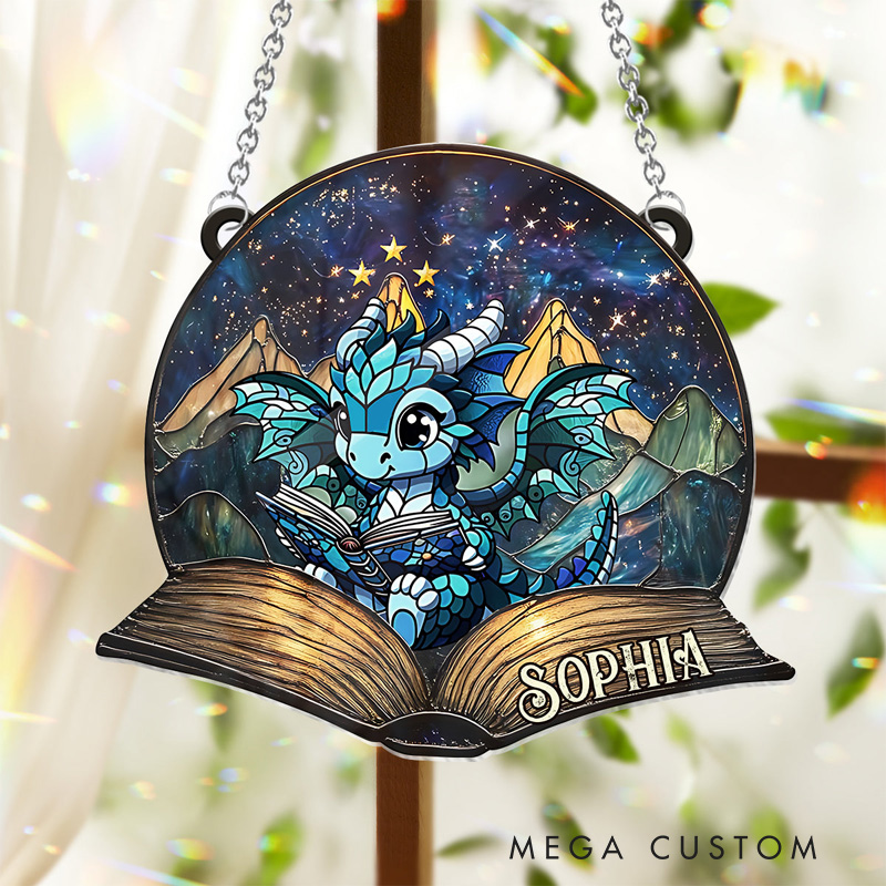 Personalized Reading Dragon Stained Glass Suncatcher Fantasy Book Reader Window Hanging Bookish Art Decor for Book Lover Gift Librarian Gift