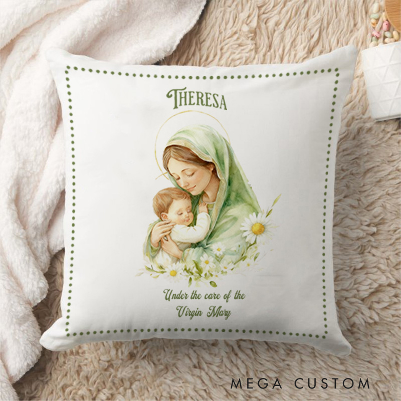 Personalized Virgin Mary Throw Pillow with Birthflower and Name Religious Gift Faith Home Decor Catholic Gift for Women