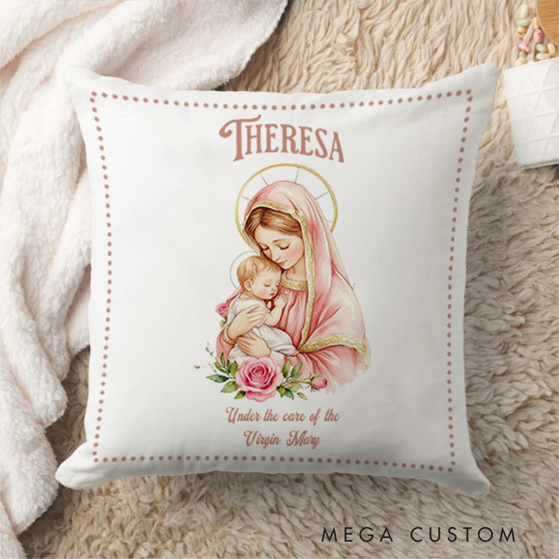 Personalized Virgin Mary Throw Pillow with Birthflower and Name Religious Gift Faith Home Decor Catholic Gift for Women