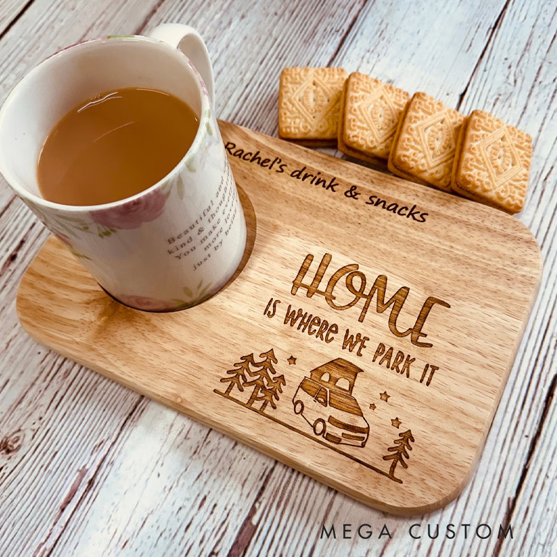 Personalized Home Is Where We Park It Tea Tray and Biscuit Board 4 Designs to Choose from Funny Camp Life Lover Gift