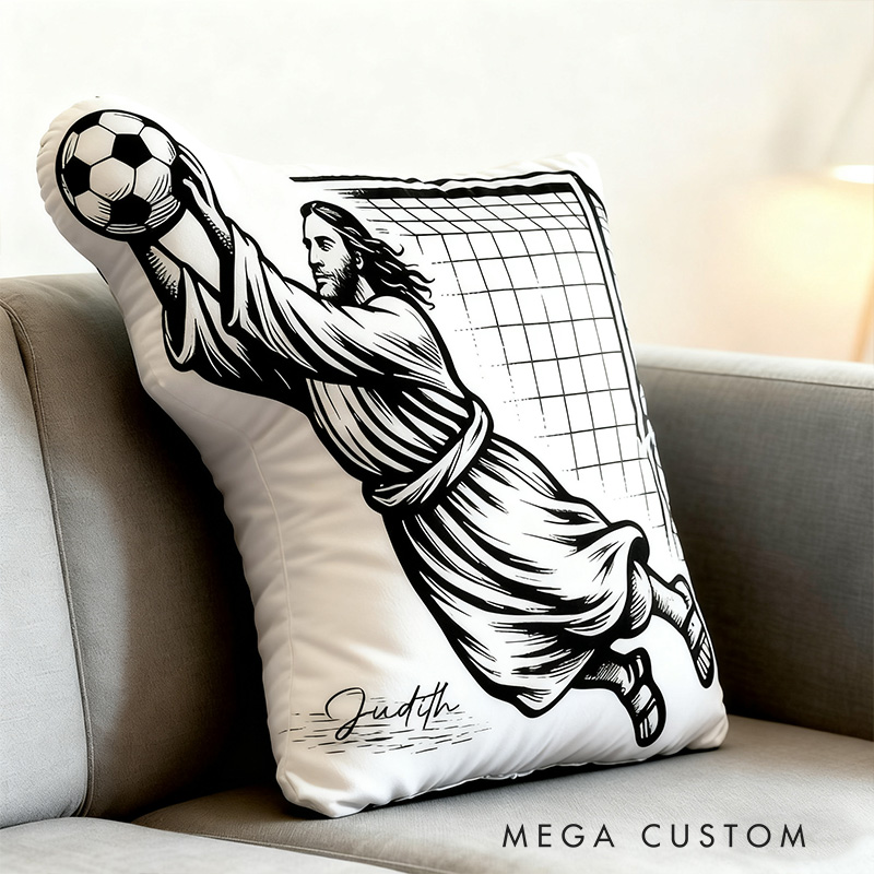Personalized Jesus Saves Soccer Goalie Pillow with Name Home Decor Christian Humor Pillow Christian Sports Gift Religious Gift for Soccer Lover
