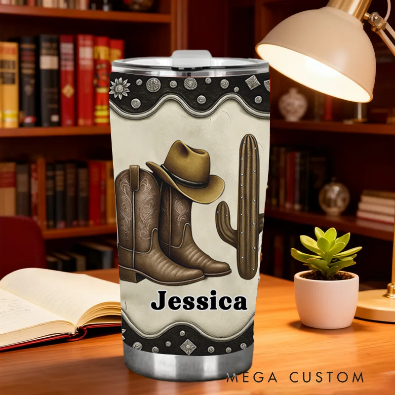 Personalized Name Cowboy Accent Tumbler Custom Cowboy Boots Gift for Music Lover