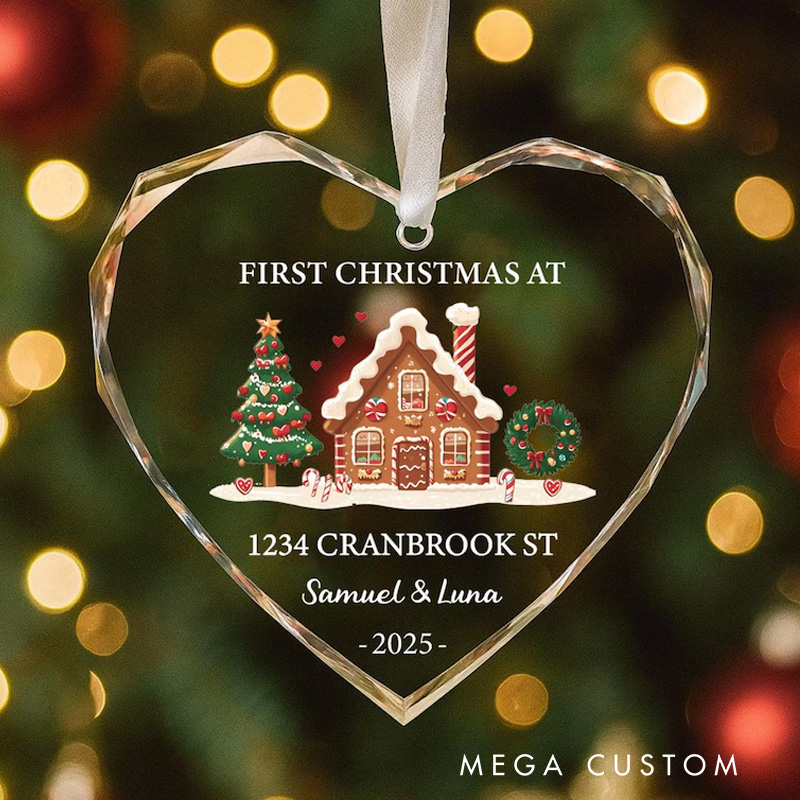 Personalized Heart Ornament First Christmas 2025 Custom Address Gingerbread House Design Festive Holiday Keepsake for New Homeowners Unique Gift Idea