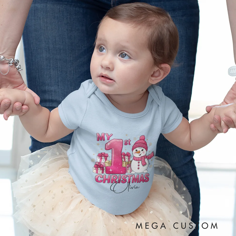 Personalized 1st Christmas Snowman 100% Cotton Baby Bodysuit with Name Christmas Gift for Baby New Parents