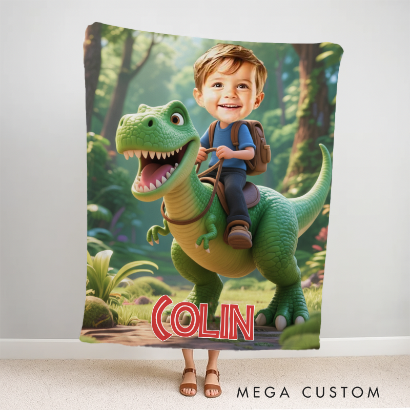 Personalized Cartoon Photo Dinosaur Movie Blanket Kids Flannel Blanket Movie Blanket with Name for Boys Son