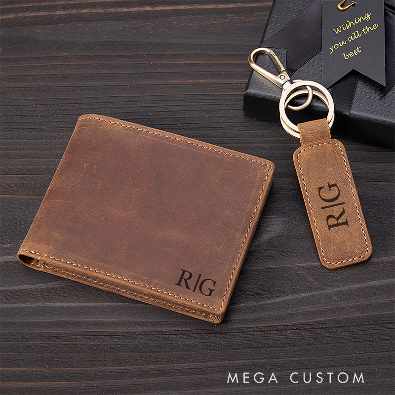 Personalized Leather Wallet Keychain Set Custom Name Leather Wallet & Keychain for Him Engraved Wallets Mens Wallet Leather Gift For Him Gift for Husband Boyfriend Father