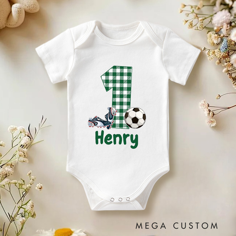 Personalized Soccer Baby Romper Custom Soccer Baby Bodysuit Baby Boy Soccer Outfit Game Day Baby Romper Sports Baby Gift
