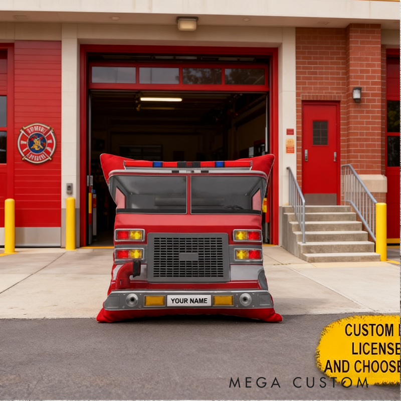 Personalized Fire Truck Pillow with Custom Name or License Plate Unique Gift for Firefighters and Fire Truck Enthusiasts
